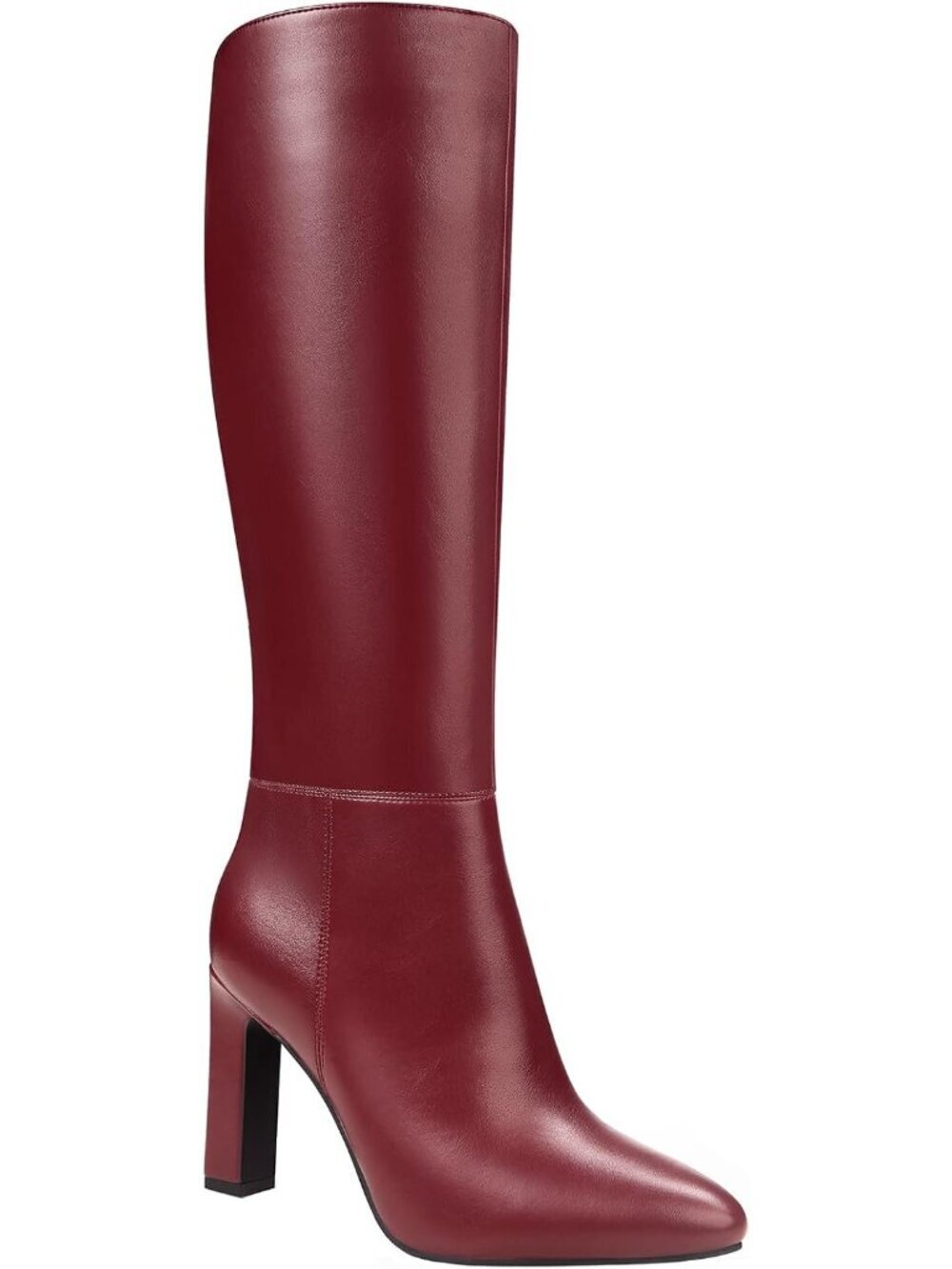 Women's Red Leather Mid Block Heel Pointed Toe with Side Zipper Winter Boots